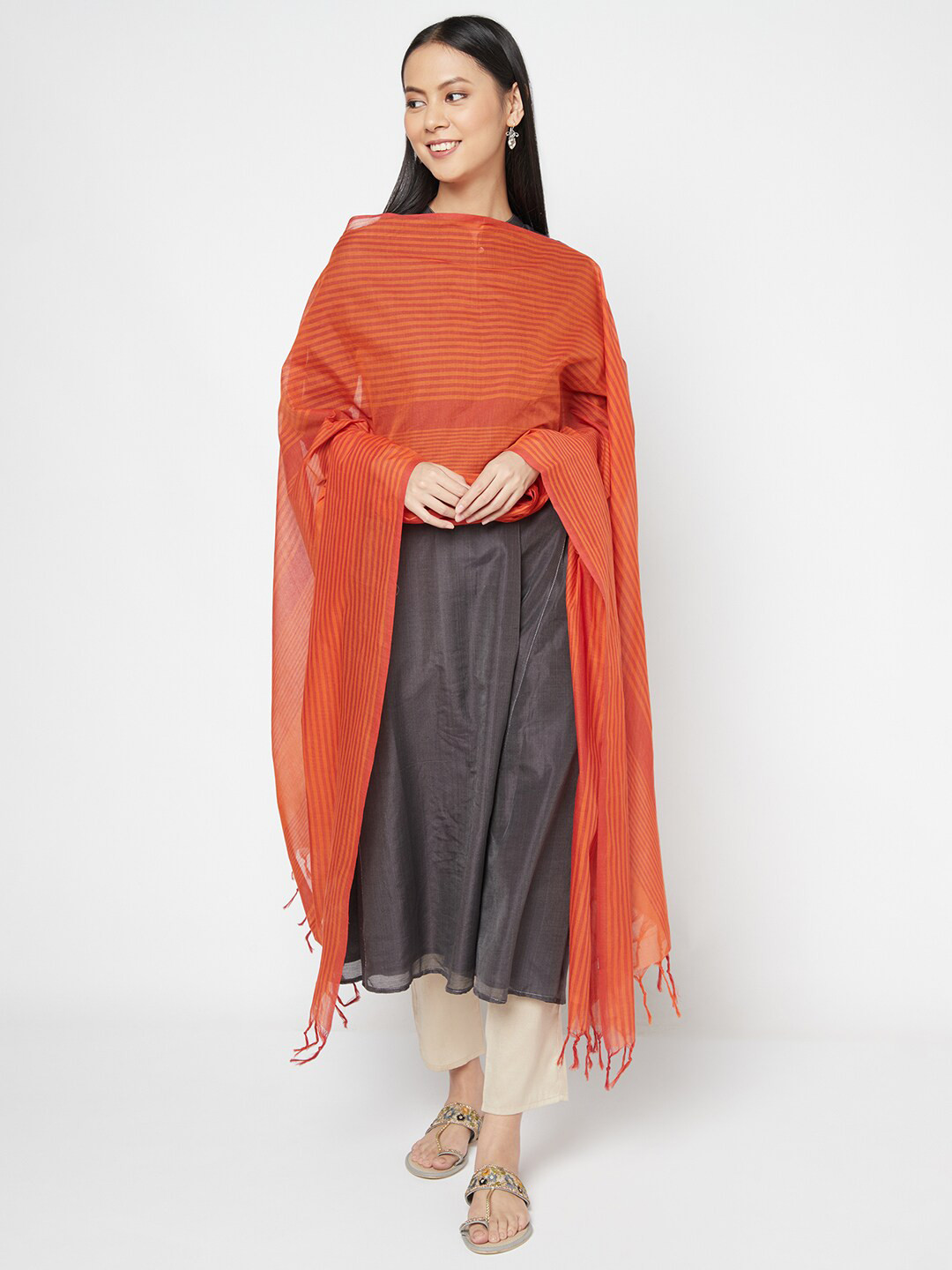 

Fabindia Red & Orange Striped Pure Cotton Dupatta