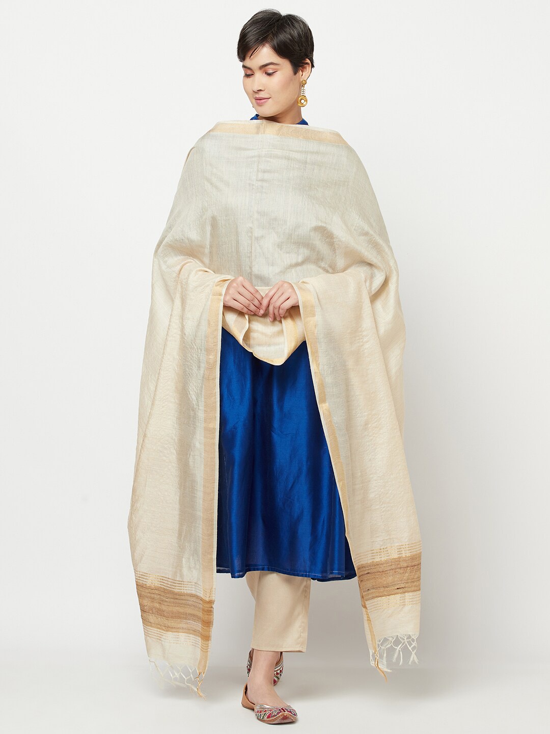 

Fabindia Beige & Gold-Toned Ethnic Motifs Woven Design Pure Silk Dupatta