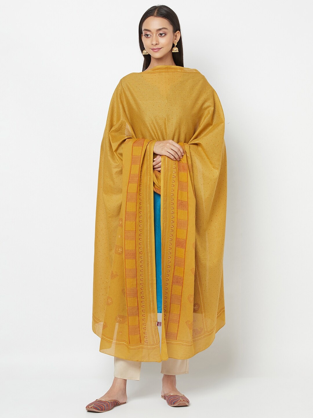 

Fabindia Mustard Yellow & Gold-Toned Ethnic Motifs Printed Pure Cotton Dupatta