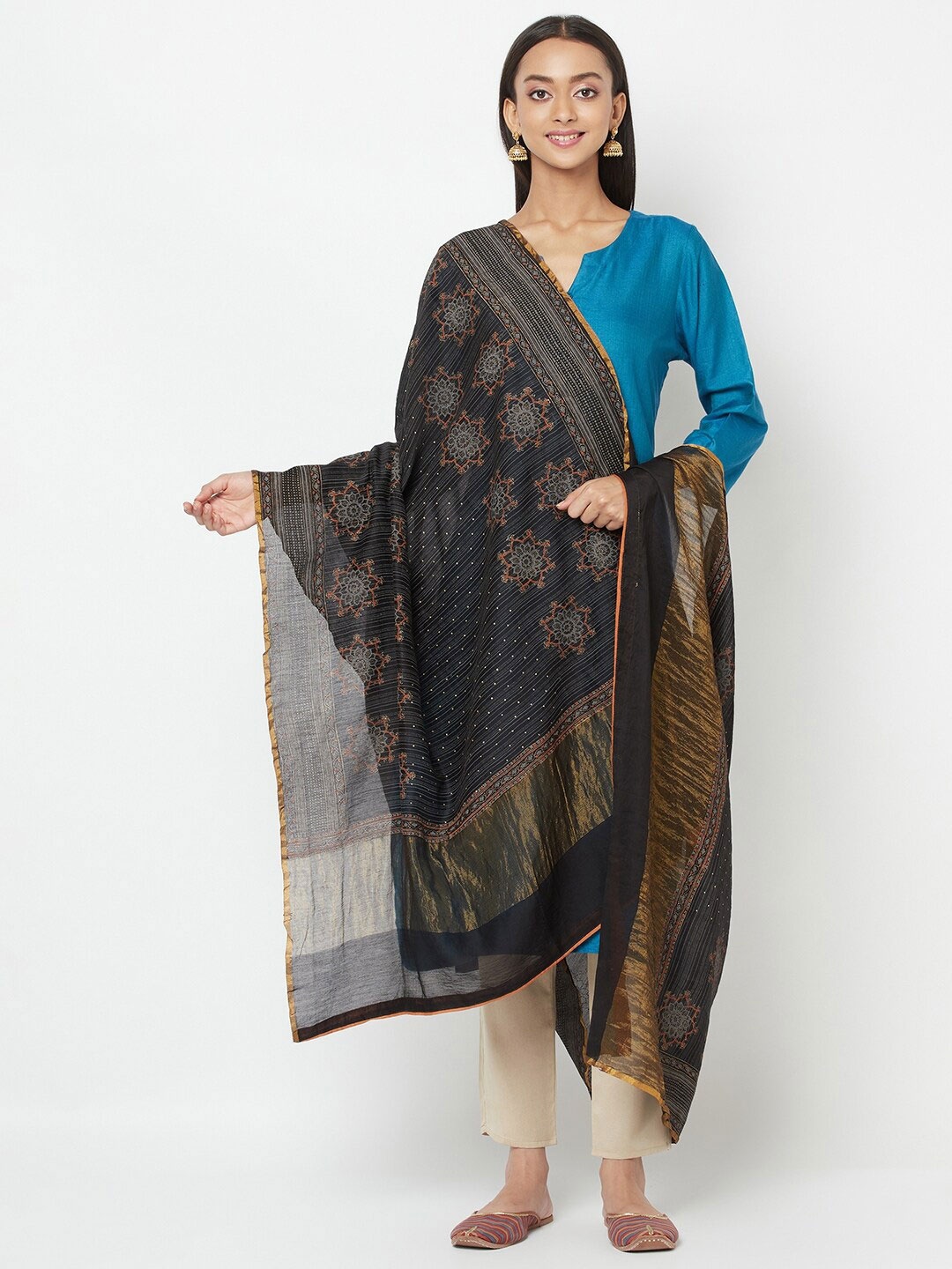 

Fabindia Black & Gold-Toned Ethnic Motifs Printed Cotton Silk Dupatta