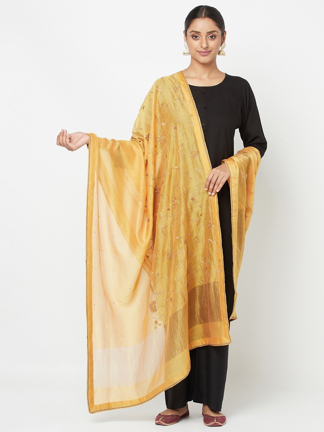 

Fabindia Yellow & Gold-Toned Embroidered Cotton Silk Dupatta
