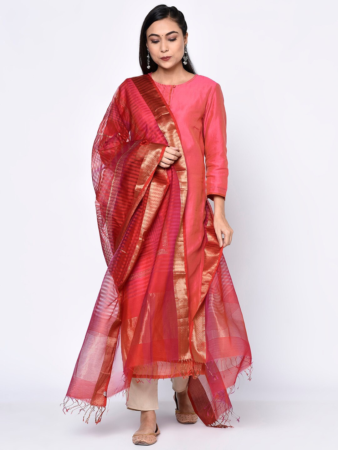 

Fabindia Red & Gold-Toned Ethnic Motifs Woven Design Cotton Silk Dupatta