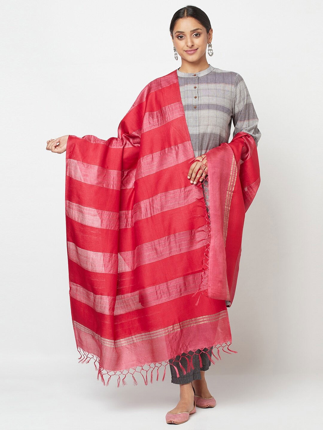 

Fabindia Maroon & Pink Striped Pure Silk Dupatta