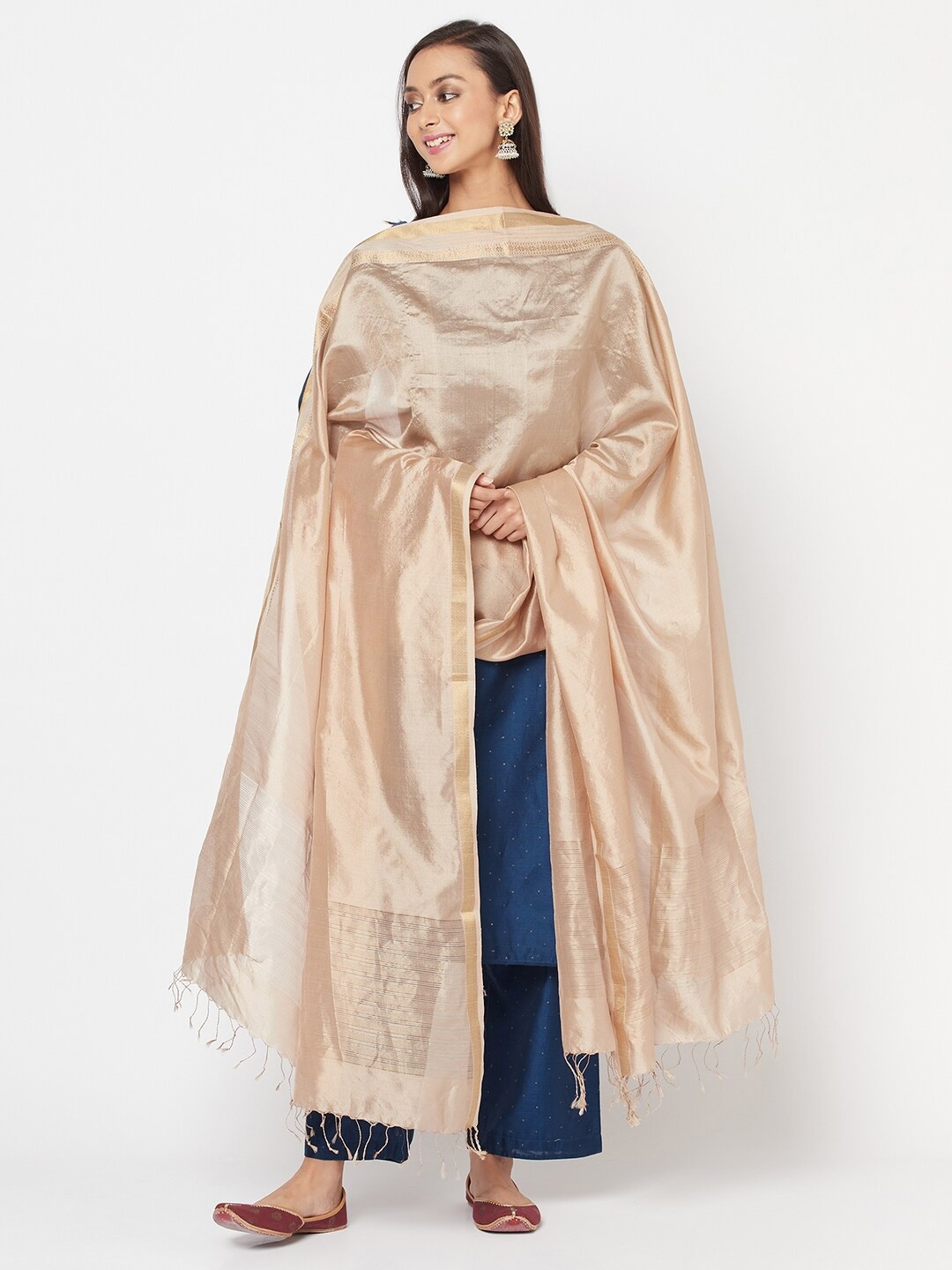 

Fabindia Pink & Gold-Toned Woven Design Cotton Silk Dupatta