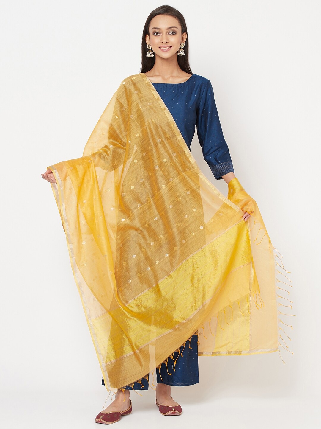

Fabindia Mustard & Gold-Toned Woven Design Cotton Silk Dupatta