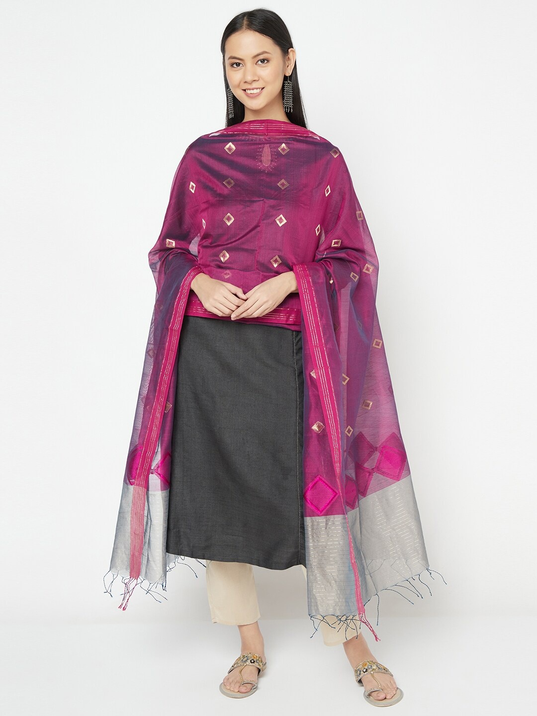 

Fabindia Pink Printed Cotton Silk Dupatta