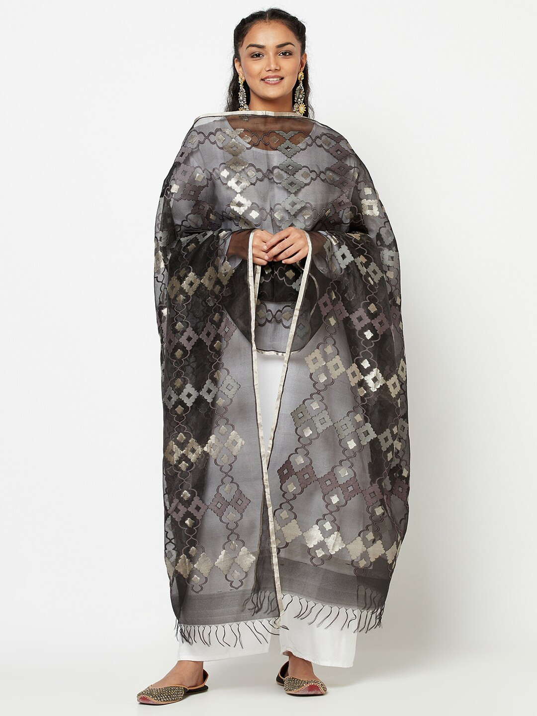 

Fabindia Black & Silver-Toned Ethnic Motifs Woven Design Cotton Silk Dupatta