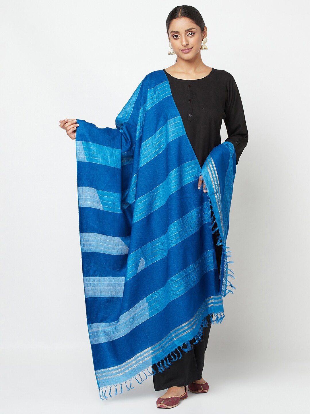 

Fabindia Blue Striped Pure Silk Dupatta