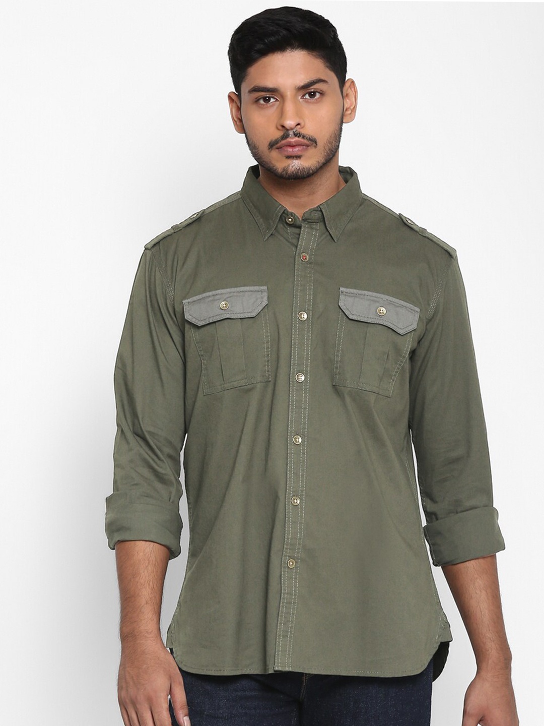

Royal Enfield Men Olive Green Opaque Cotton Casual Shirt