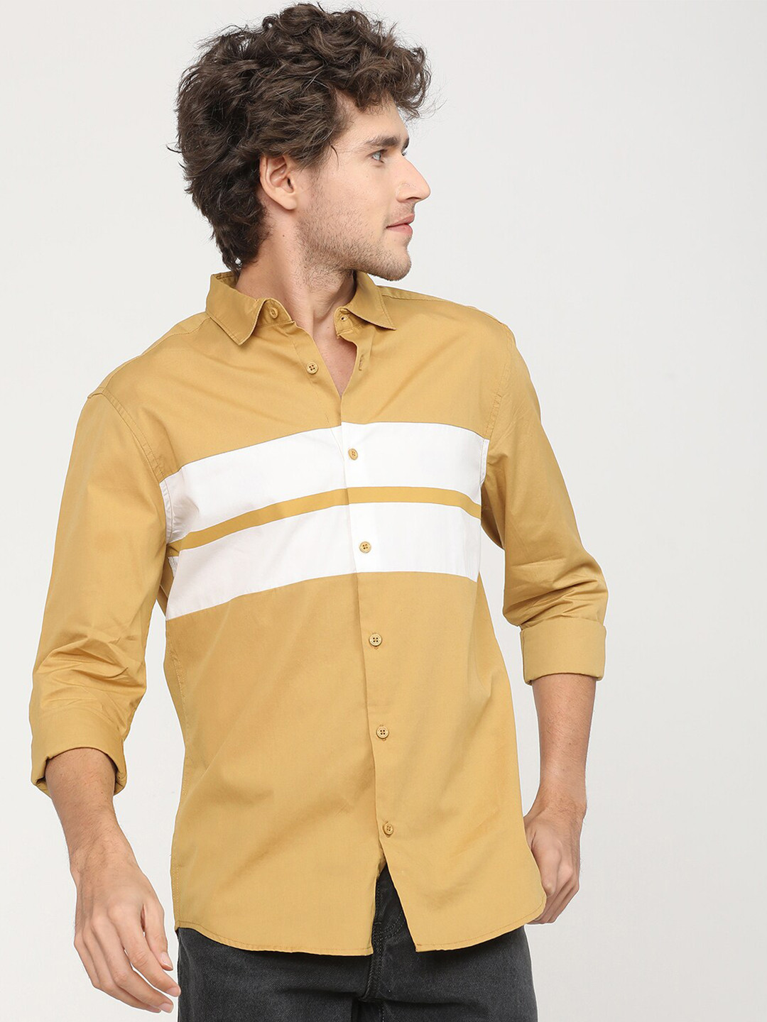 

HIGHLANDER Men Yellow Slim Fit Horizontal Stripes Striped Casual Shirt