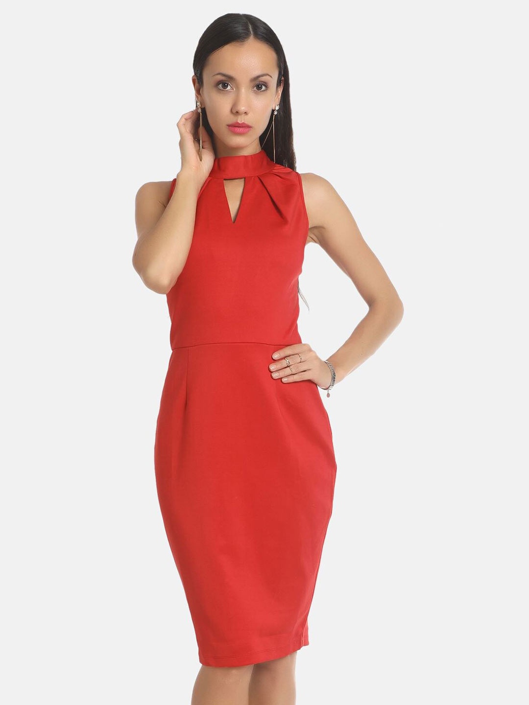 

AARA Women Red Keyhole Neck Sheath Dress