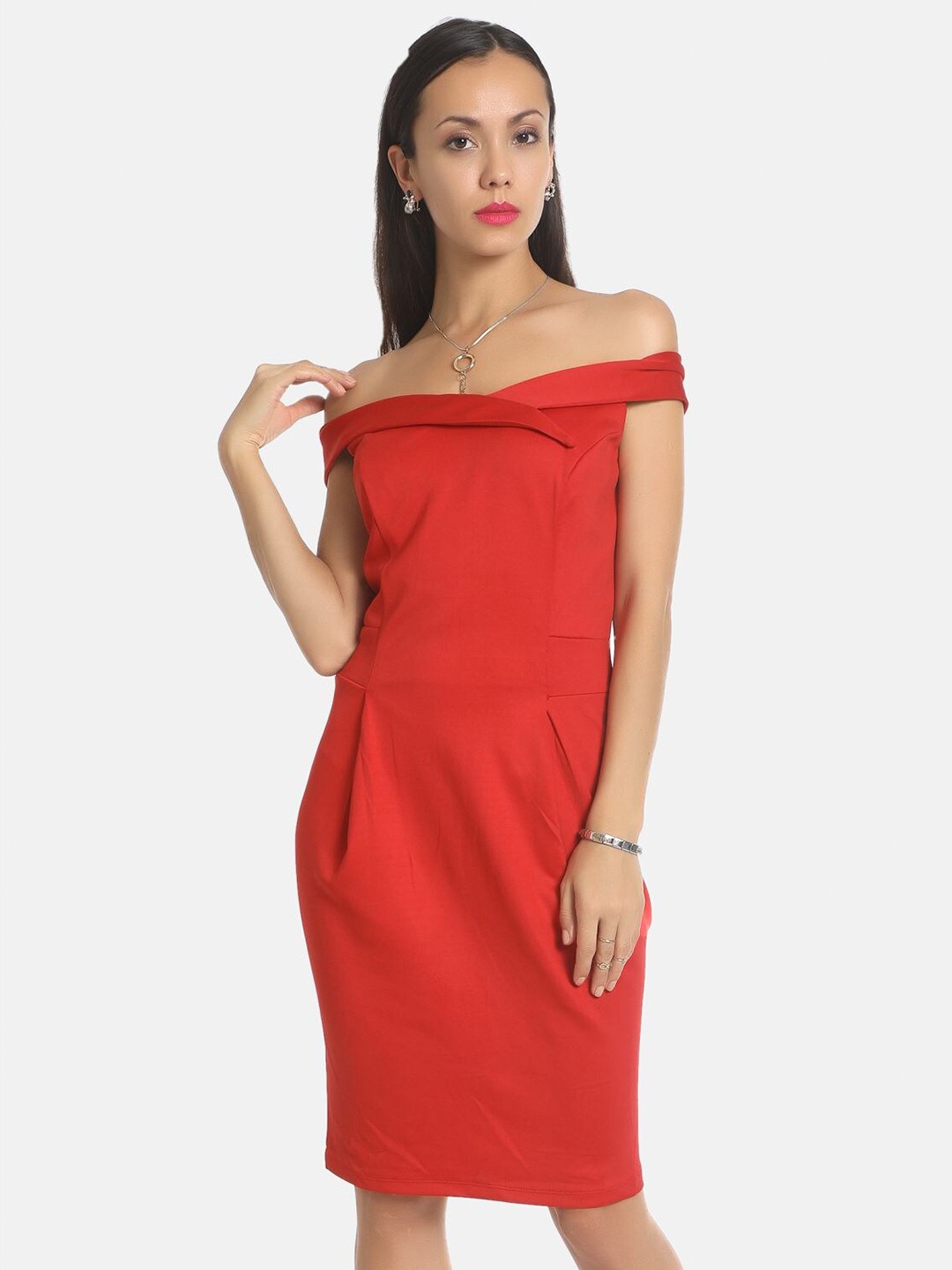 

AARA Red Solid Off-Shoulder Sheath Dress