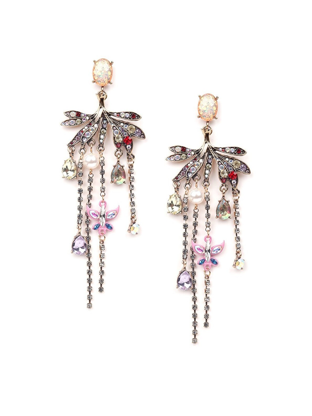 

ODETTE Silver-Toned & Pink Floral Drop Earrings