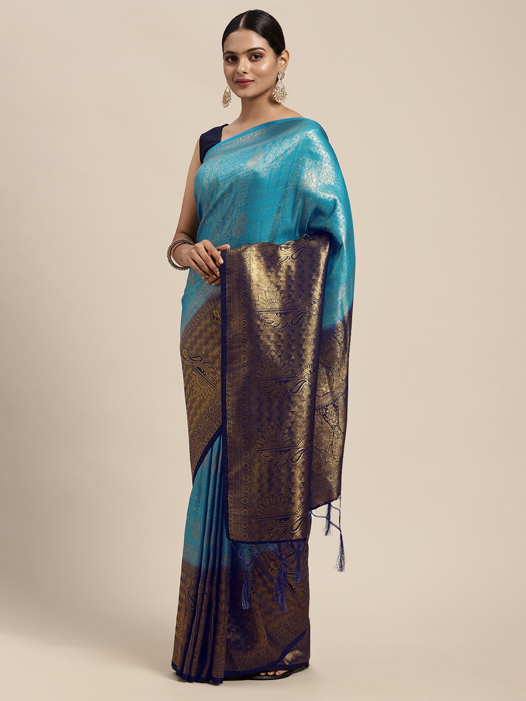 

DIVASTRI Turquoise Blue Ethnic Motifs Zari Kanjeevaram Saree