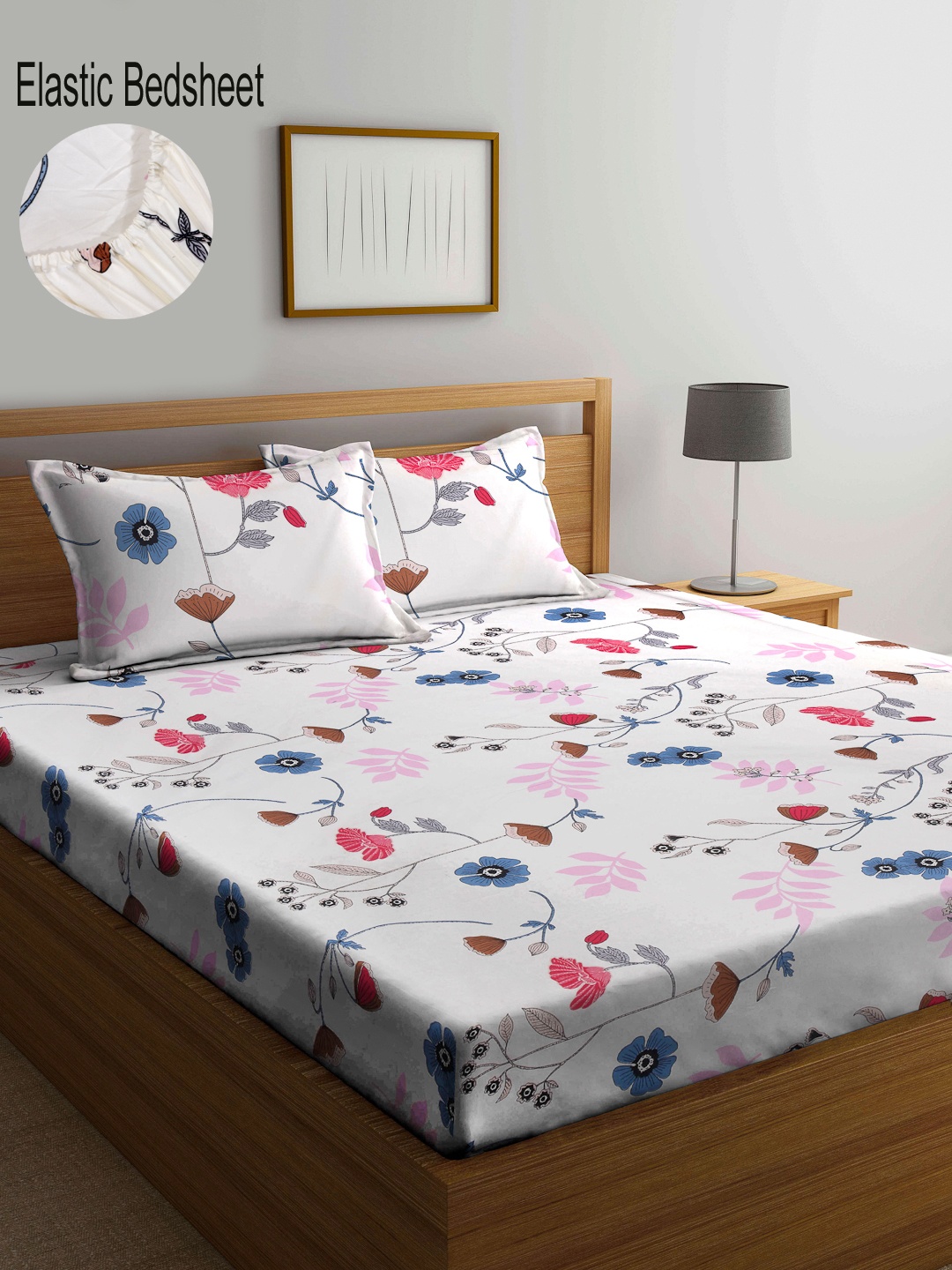 

KLOTTHE White & Red Floral 300 TC Fitted King Double Bedsheet With 2 Pillow Covers