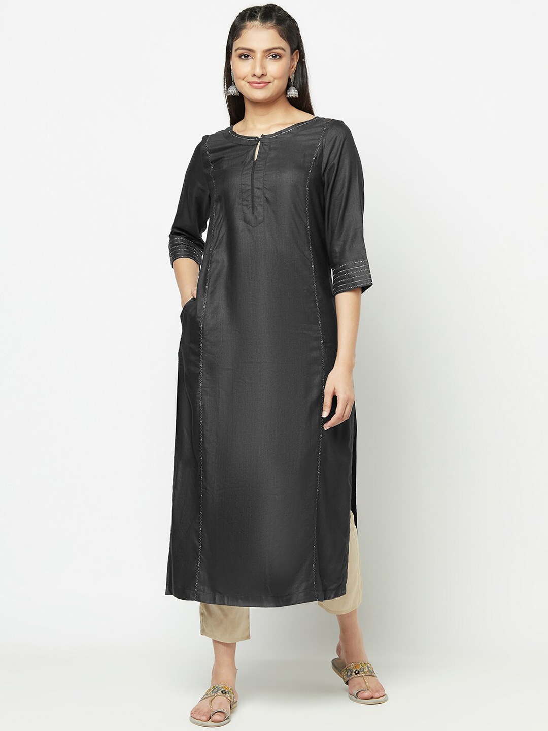 

Fabindia Women Black Keyhole Neck Kurta