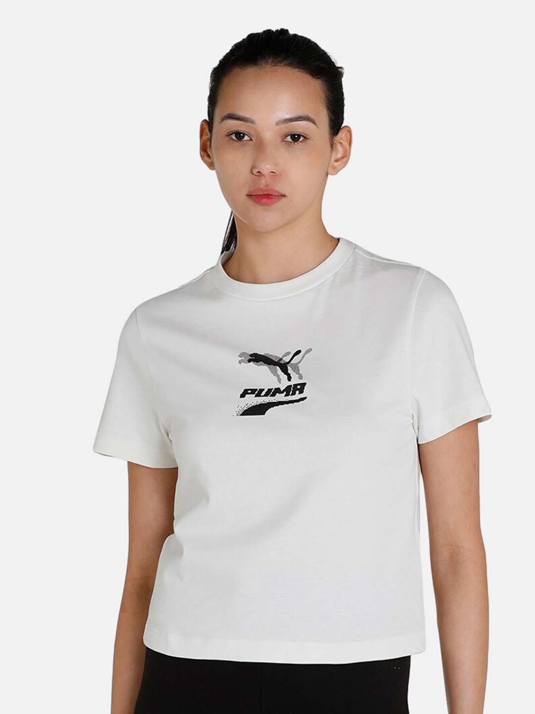 

Puma Women Grey Evide Graphic Brand Logo T-shirt