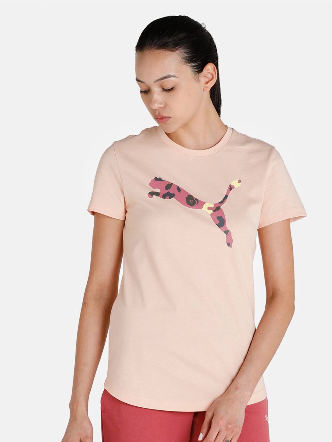 

Puma Women Peach-Coloured Cat Logo Printed T-shirt