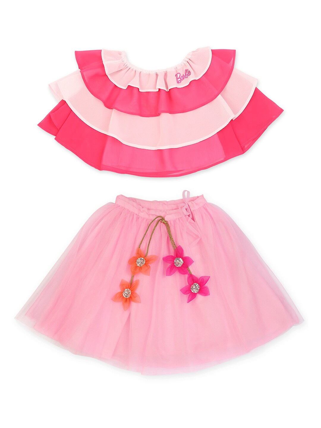 

Barbie by Many Frocks & Girls Pink & Yellow Ready to Wear Lehenga Choli
