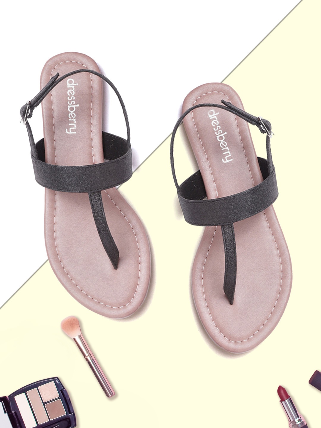 

DressBerry Women Black Shimmer T-Strap Flats