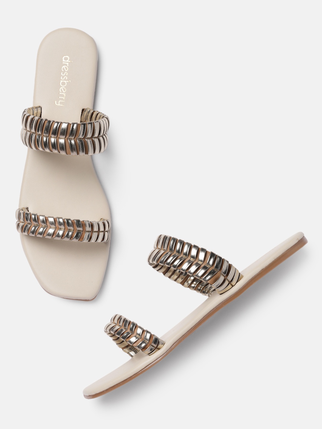 

DressBerry Women Gold-Toned Embellished Open Toe Flats