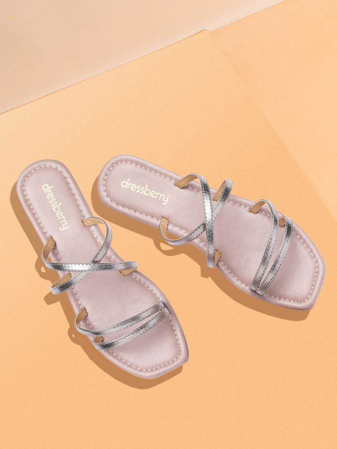 

DressBerry Women Gunmetal-Toned Open Toe Flats, Metallic