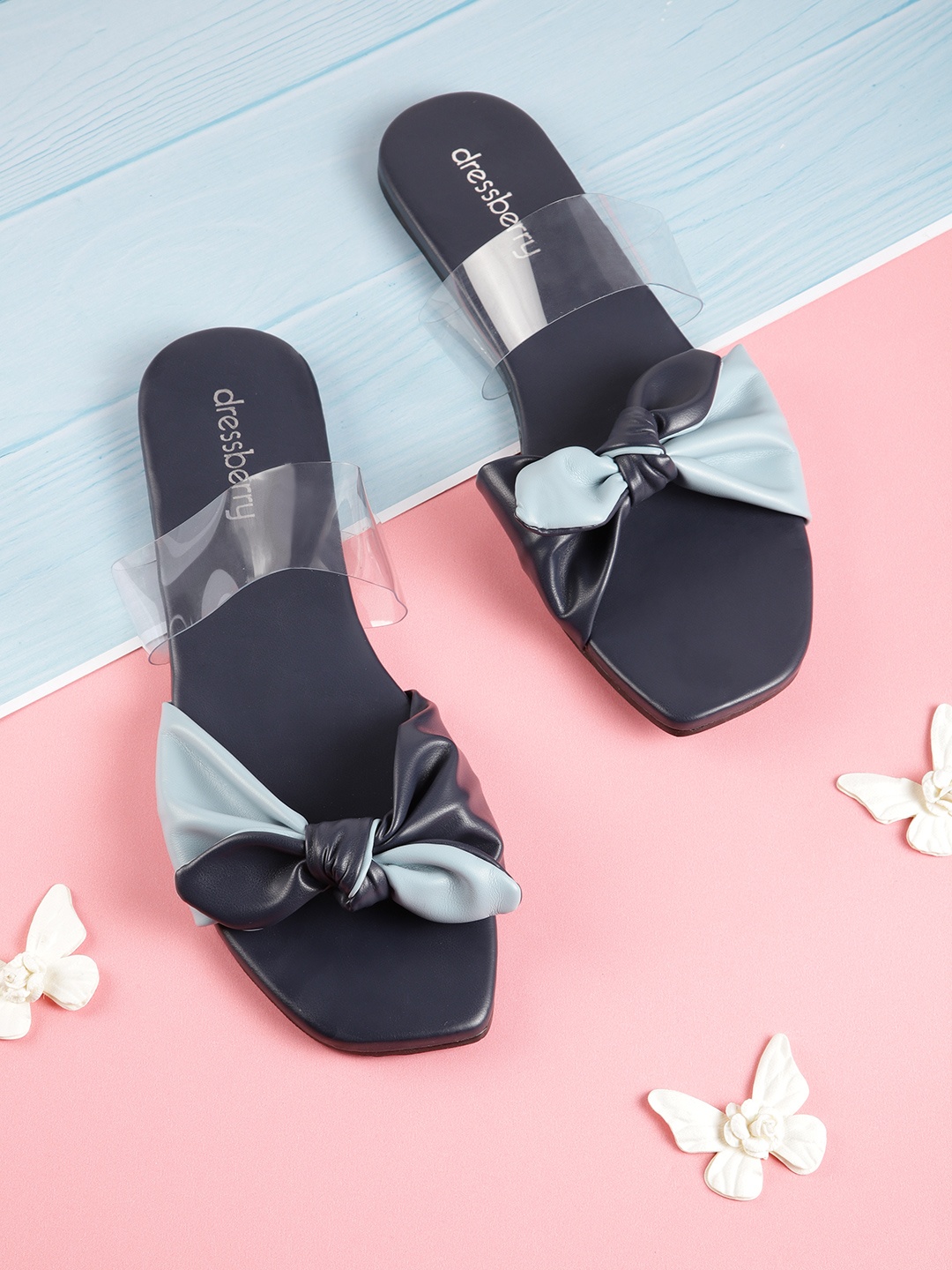 

DressBerry Women Blue & Transparent Colourblocked Open Toe Flats with Bows