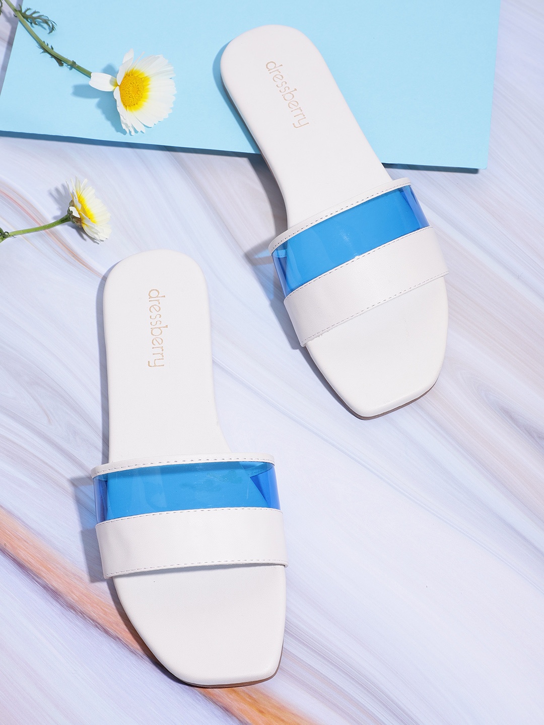 

DressBerry Women White & Blue Colourblocked Open Toe Flats
