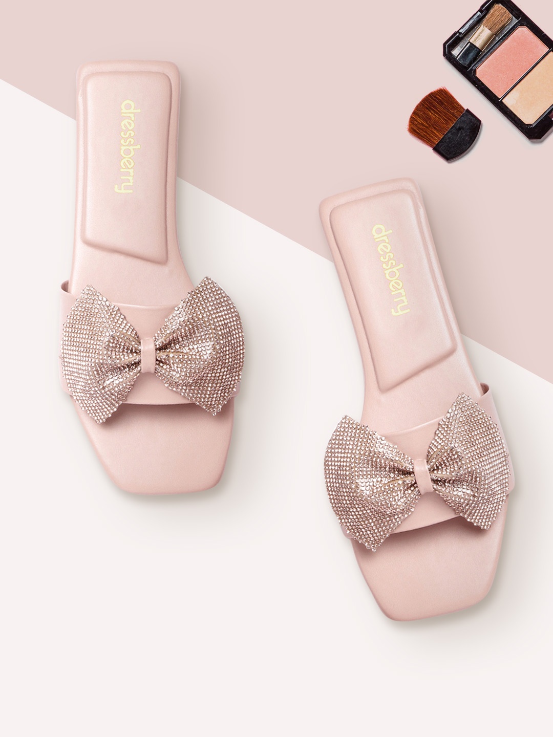 

DressBerry Women Peach-Coloured & Rose Gold-Toned Bow Embellished Open Toe Flats