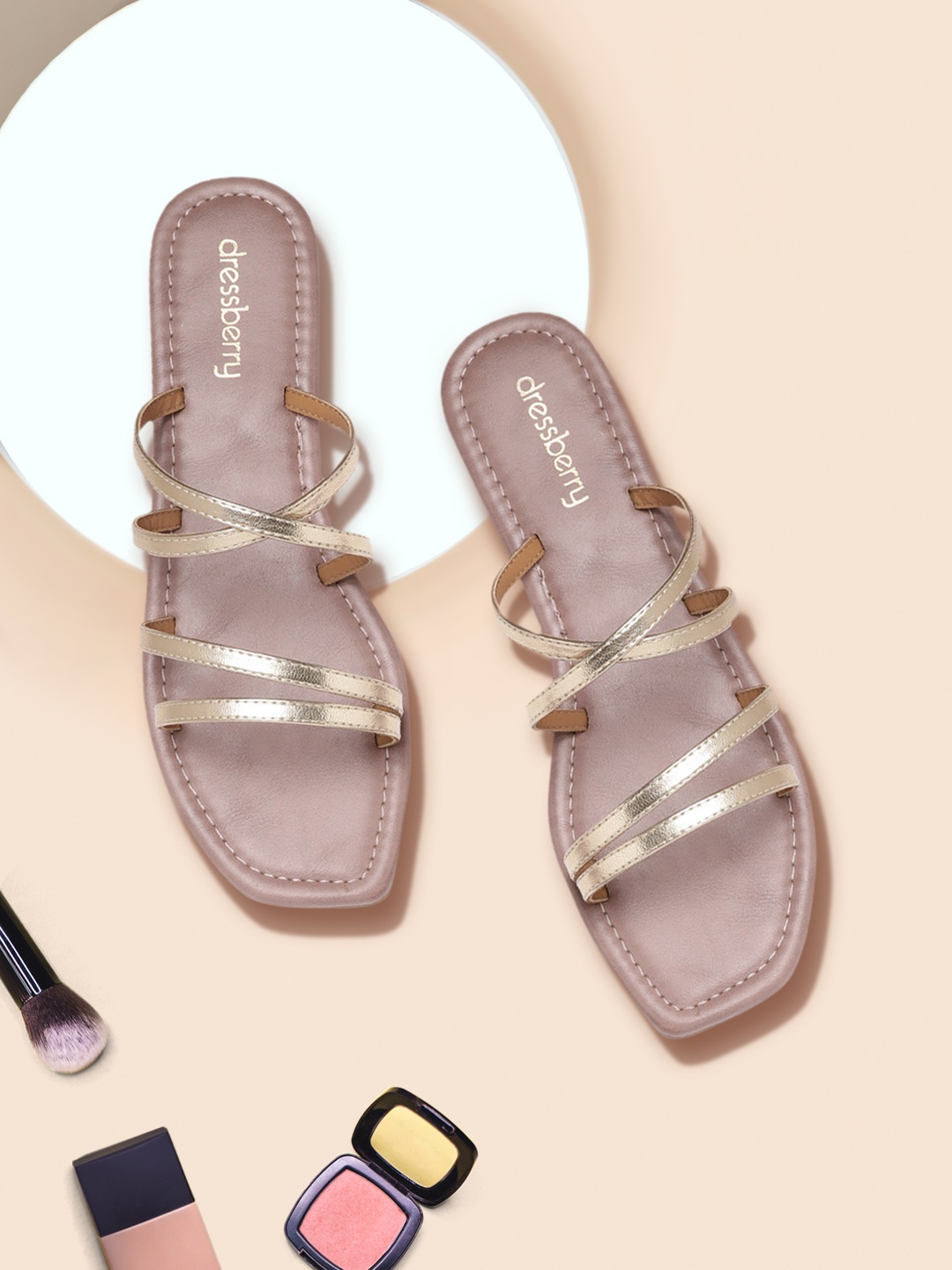 

DressBerry Women Gold-Toned Solid Open Toe Flats with Strap Detail