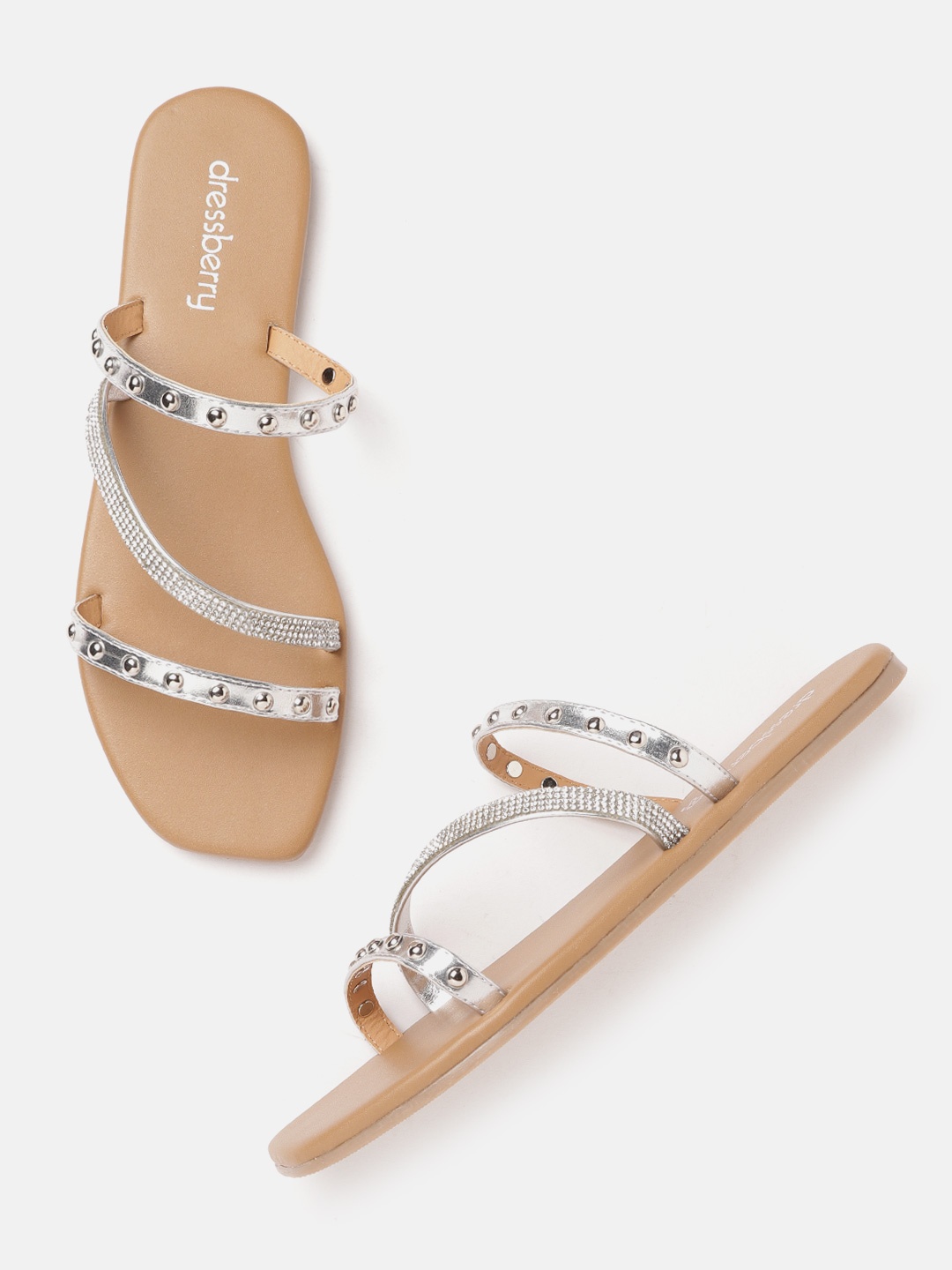 

DressBerry Women Silver-Toned Embellished Open Toe Flats