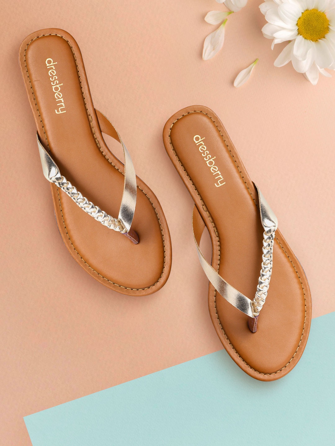 

DressBerry Women Gold-Toned Woven Design Open Toe Flats