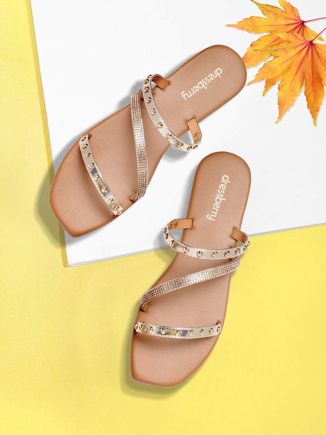 

DressBerry Women Gold-Toned Embellished Open Toe Flats