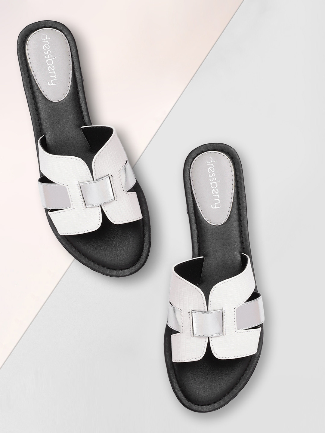 

DressBerry Women White & Silver-Toned Reptile Textured Open Toe Flats