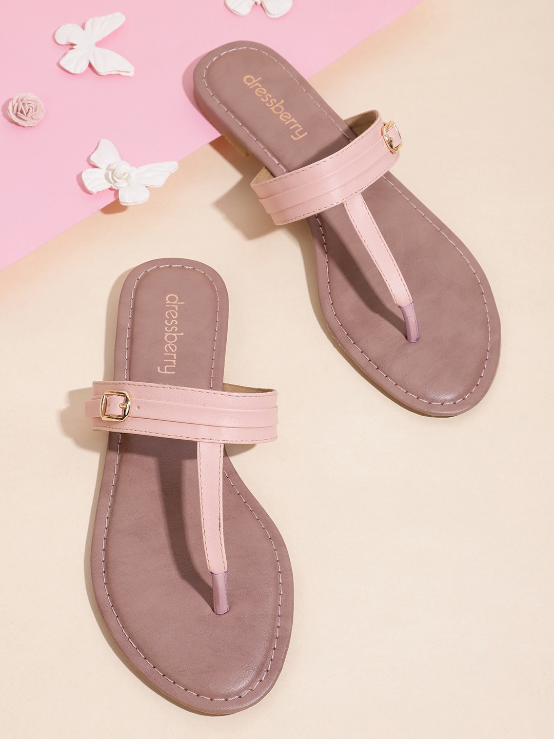 

DressBerry Women Pink Solid T-Strap Flats with Buckles