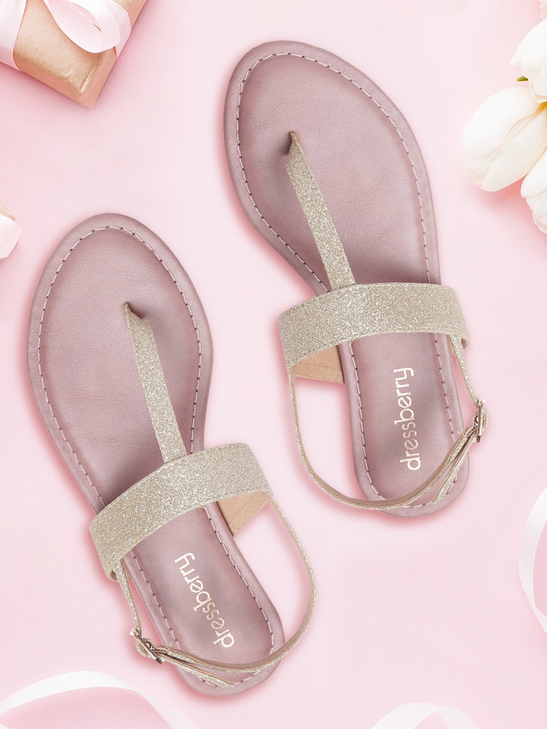 

DressBerry Women Gold-Toned Shimmer T-Strap Flats
