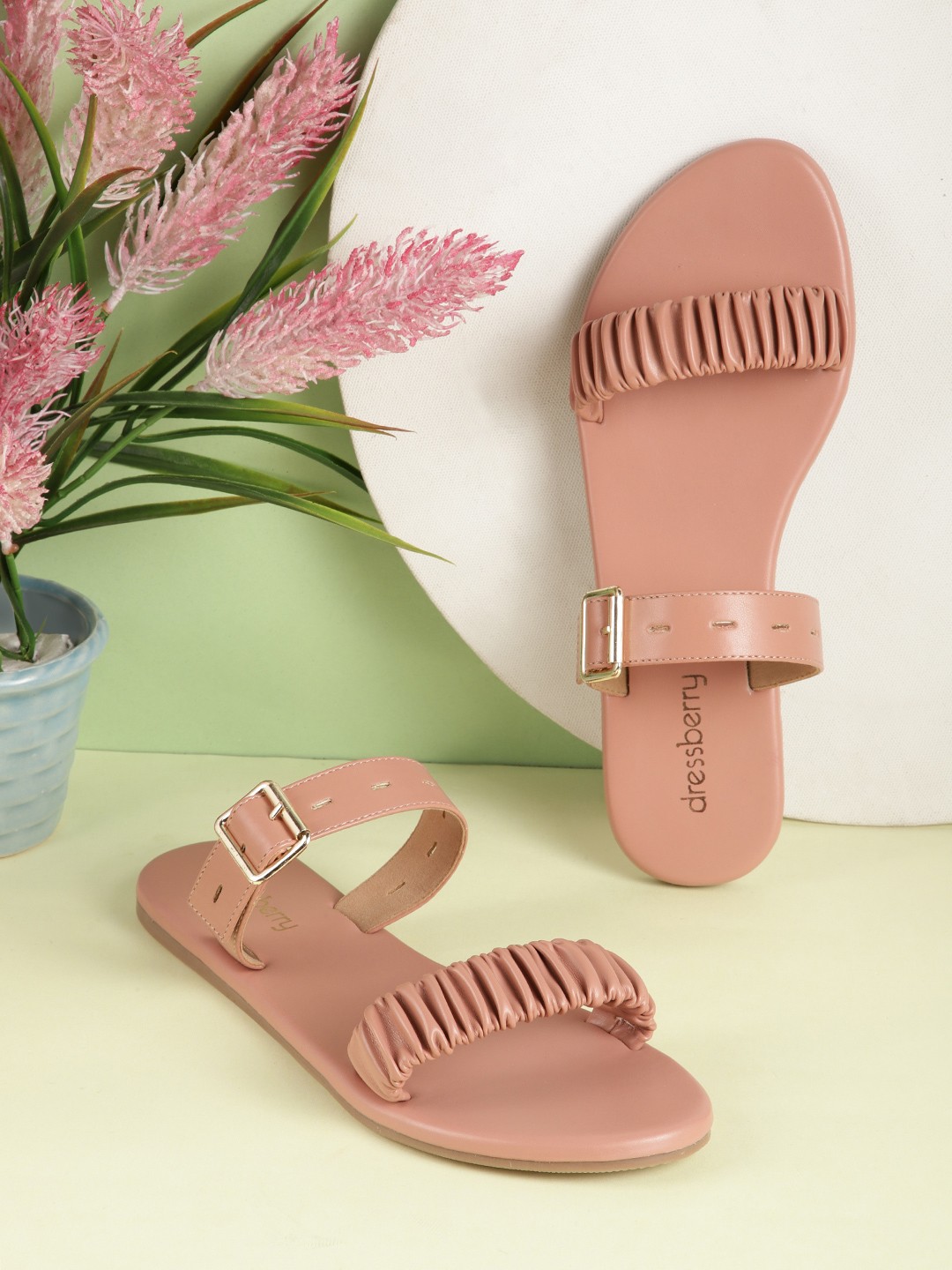 

DressBerry Women Peach-Coloured Ruched Open Toe Flats with Buckles