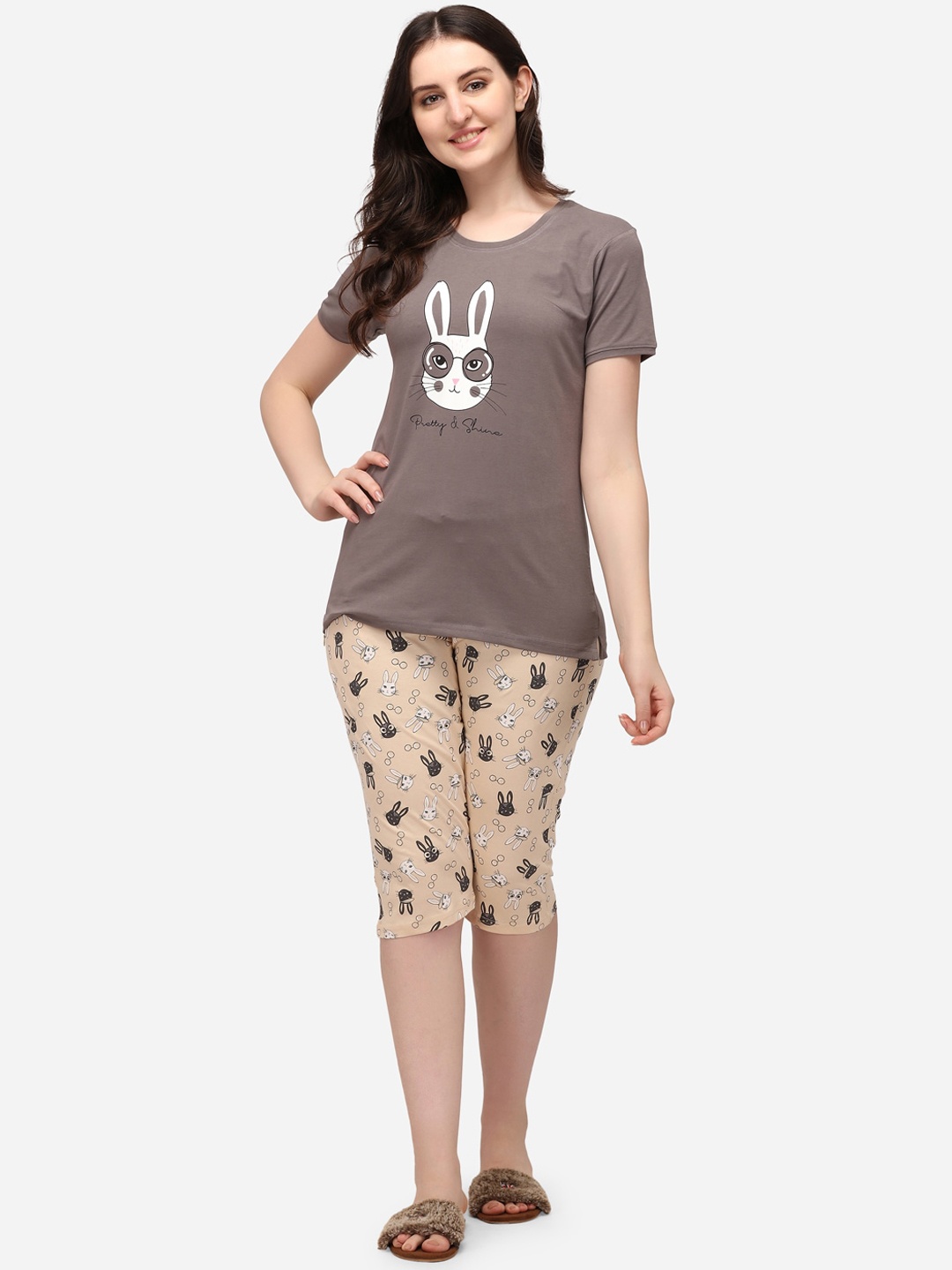 

Lenissa Women Coffee Brown & Cream-Coloured Printed Night suit