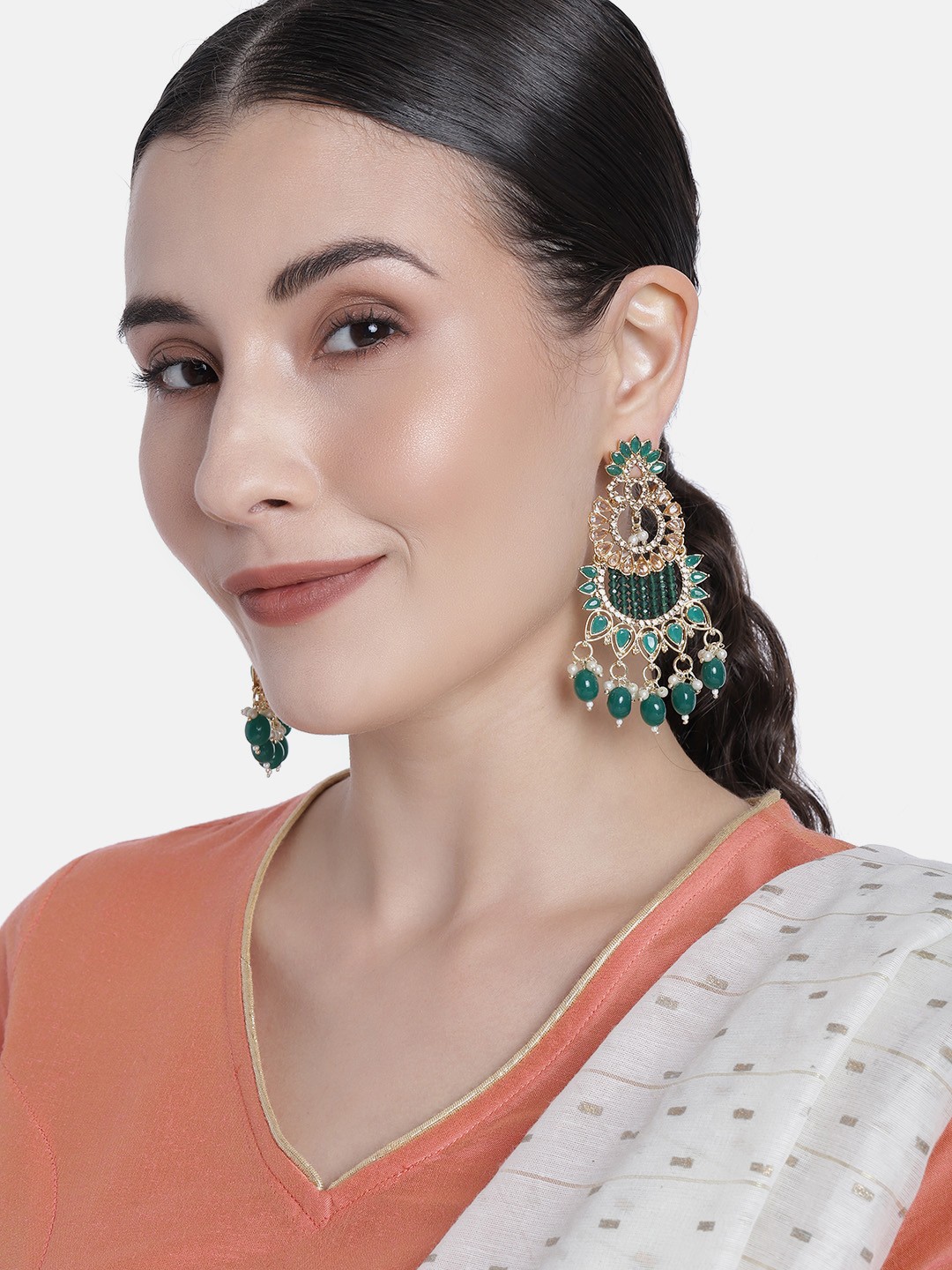 

Peora Green & White Gold Plated Kundan Studded Classic Drop Earrings