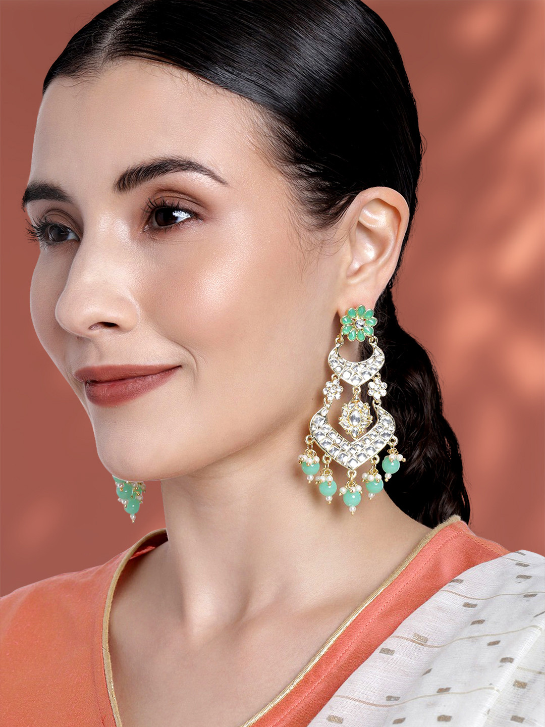 

Peora Sea Green & White Gold Plated Classic Long Dangle Drop Earrings