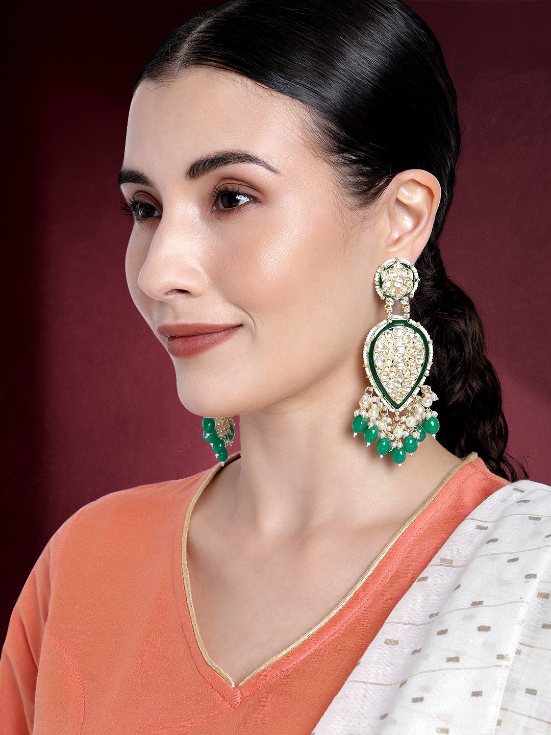 

Peora Green & White Gold Plated Teardrop Shaped Drop Earrings