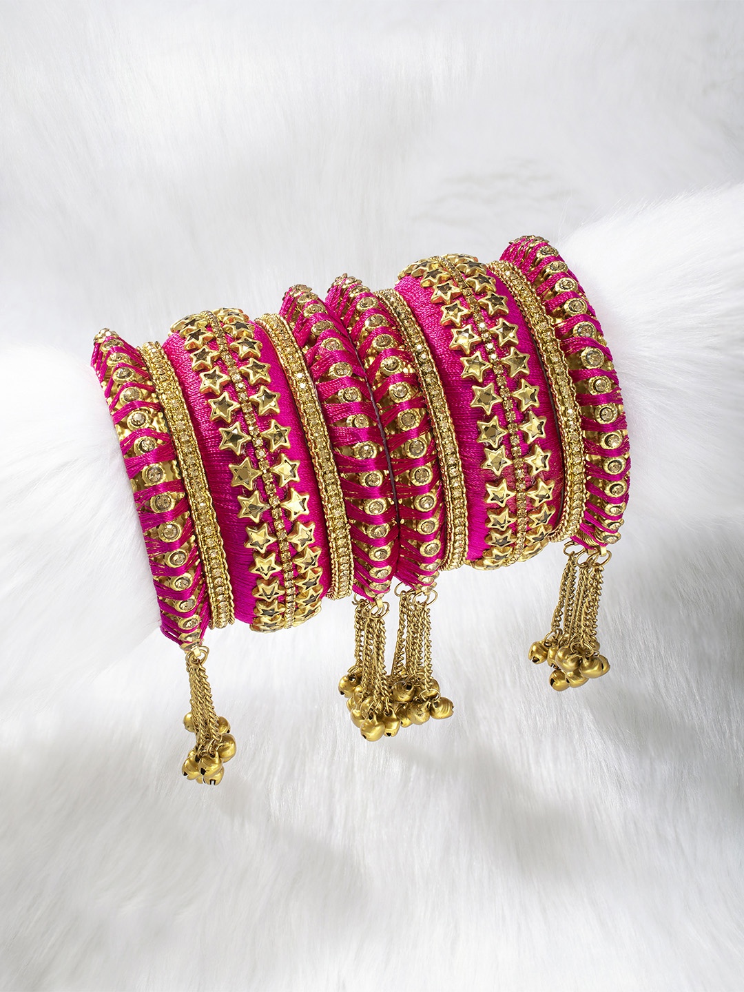 

Peora Set of 10 Magenta Pink Handcrafted Silk Thread Kundan Star Studded Chuda Bangles