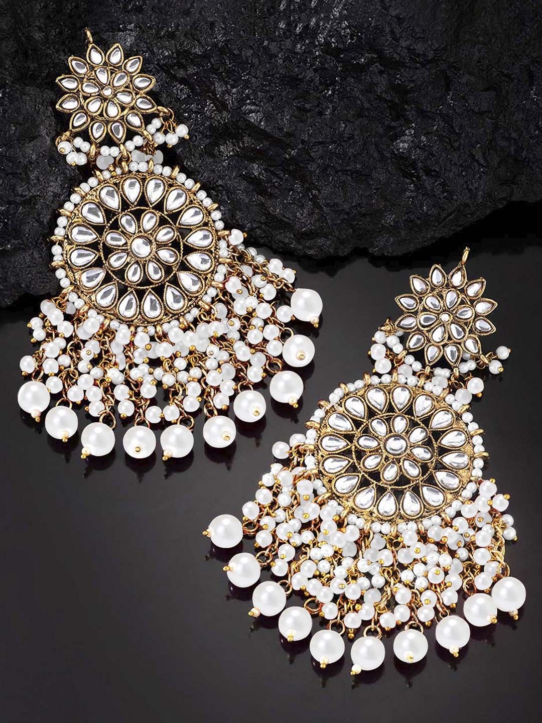 

Peora White Gold-Plated Kundan Studded Circular Embellished Drop Earrings