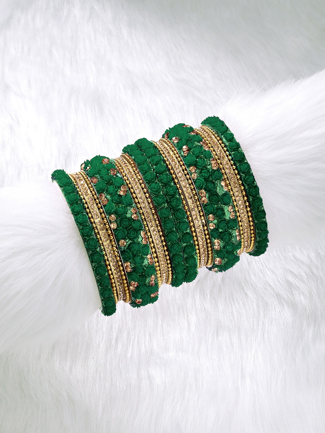 

Peora Set of 18 Green Gold Plated Bridal Floral Chuda Bangles
