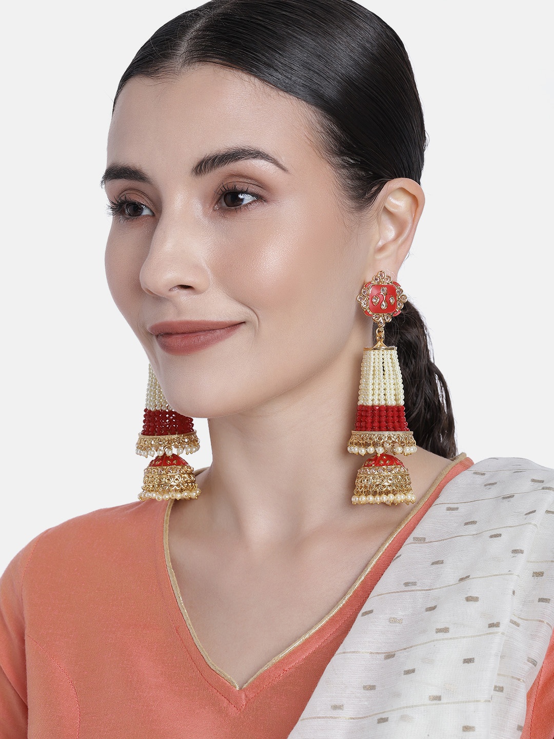 

Peora Red & Off White Gold Plated Dome Shaped Enamelled Meenakari Handcrafted Jhumkas