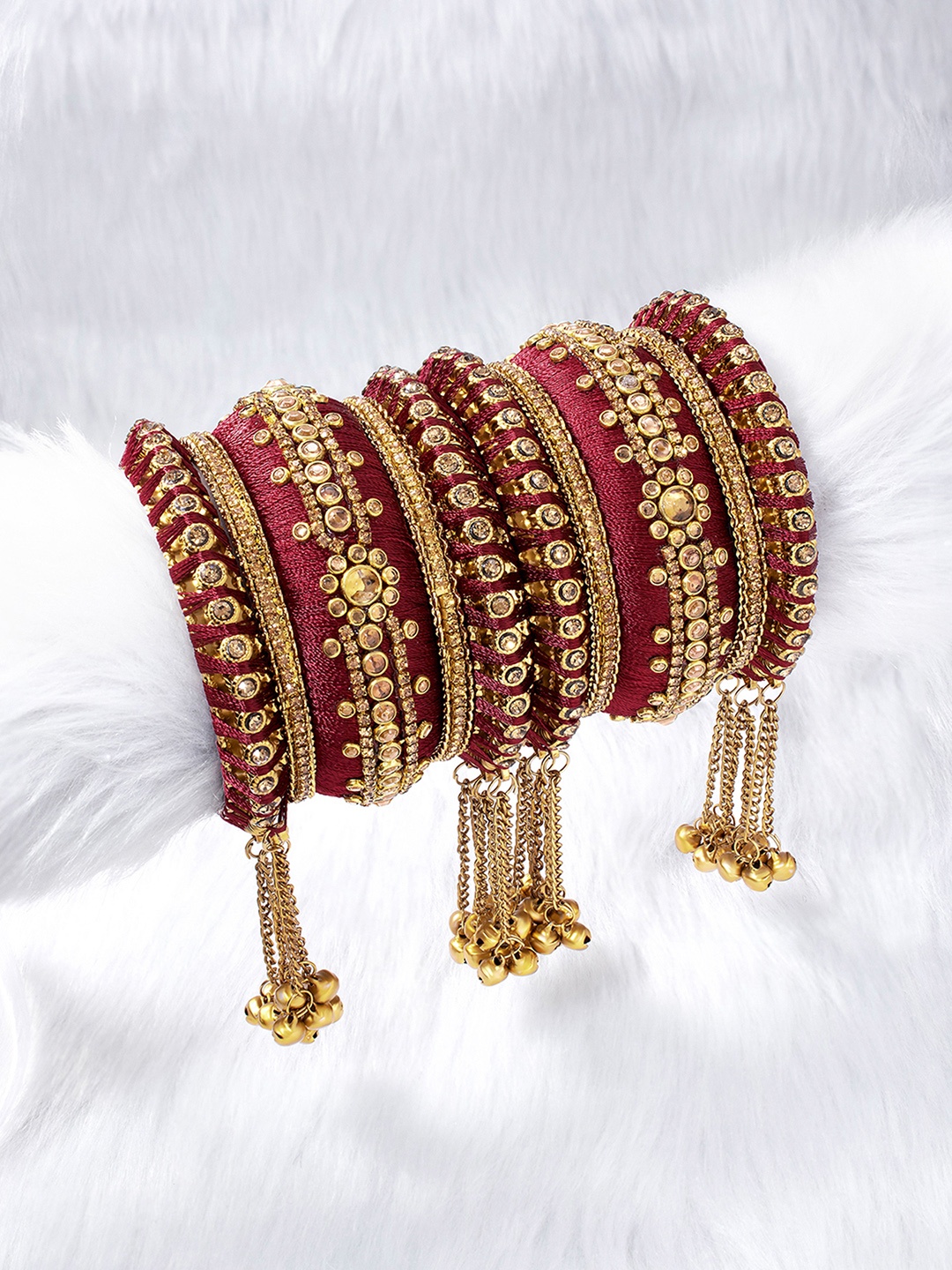 

Peora Set of 10 Maroon Silk Thread Handcrafted Kundan Studded Chuda Bangles with Hangings