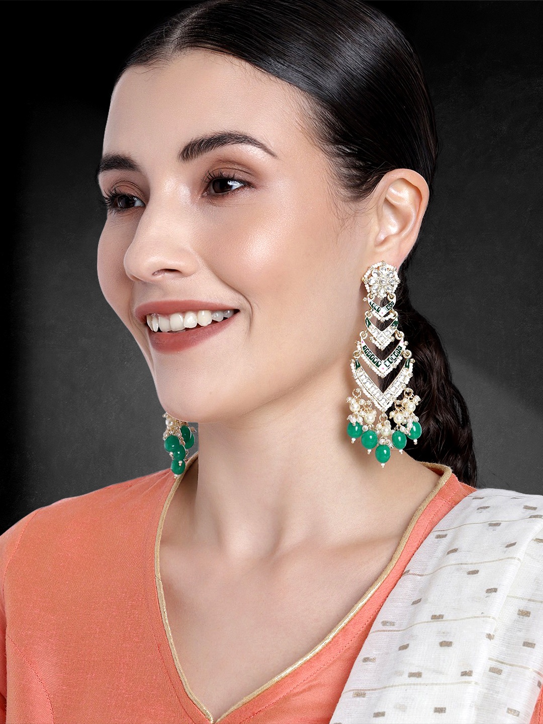 

Peora Green & White Gold Plated Classic Knndan Studded Drop Earrings