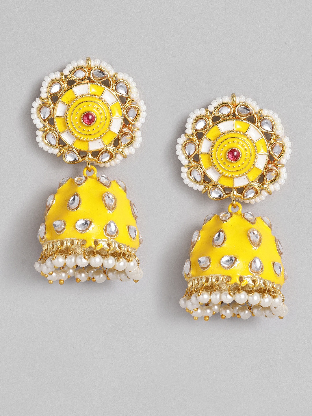 

Peora Yellow & White Gold Plated Dome Shaped Enamelled Jhumkas