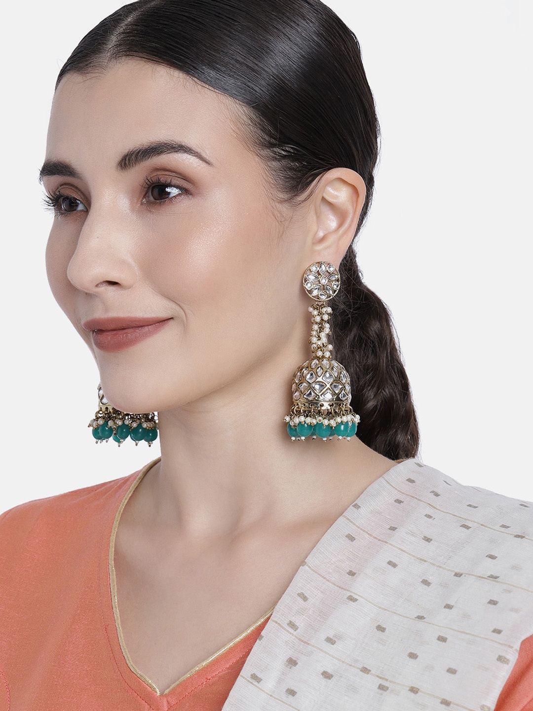 

Peora Green & White Gold Plated Dome Shaped Kundan Studded Jhumkas