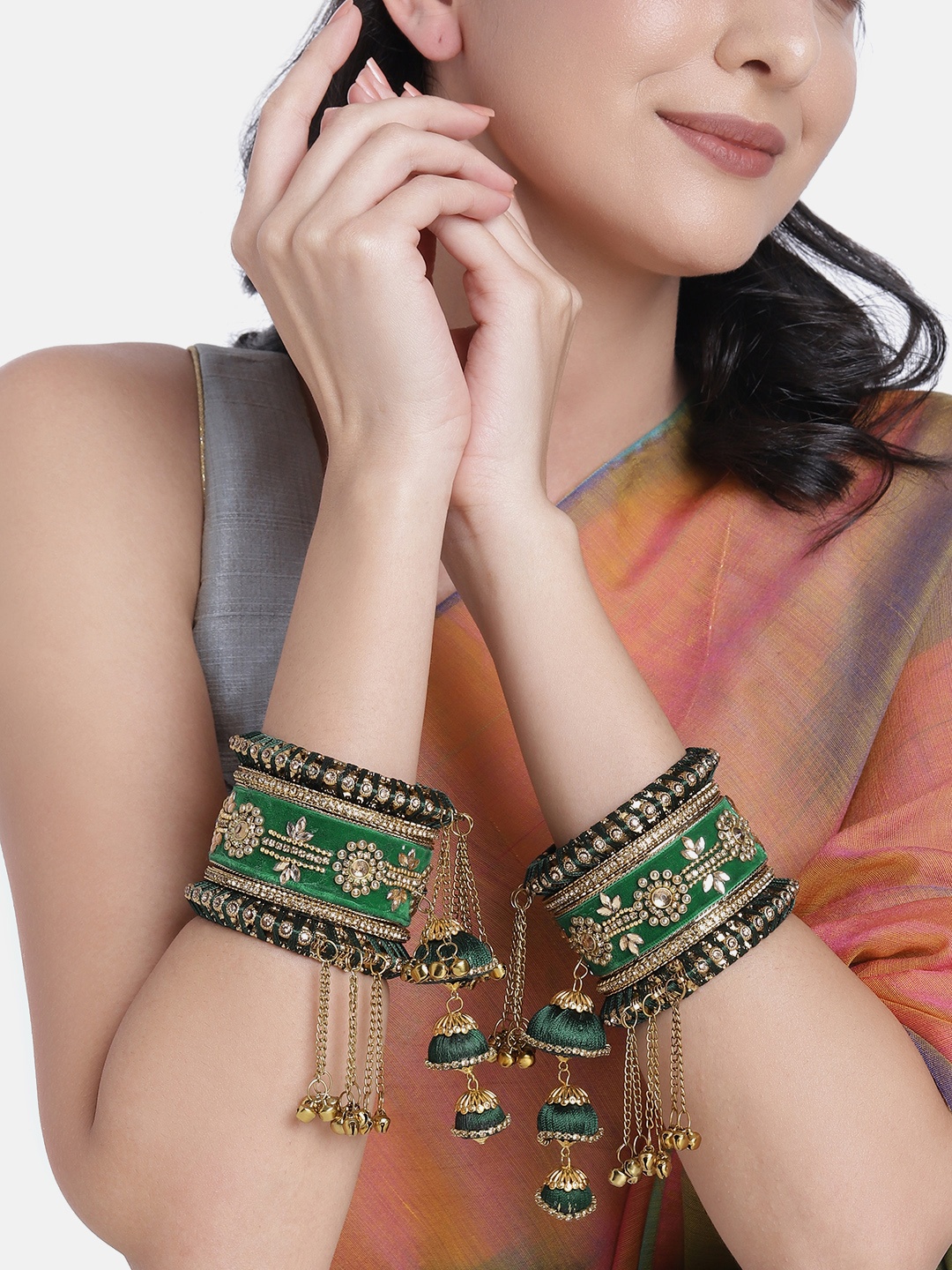 

Peora Women Gold-Plated Green Silk Thread Hanging Jhumka & Kundan Studded Bangle Set